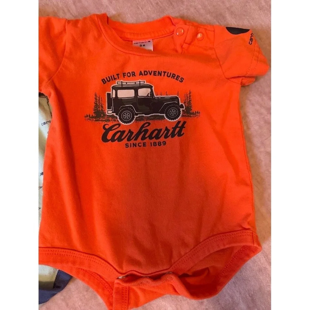 Carhartt Baby Boys 3M Bodysuit Bundle 3 Pack Fish Jeep Moose Orange Green Tan